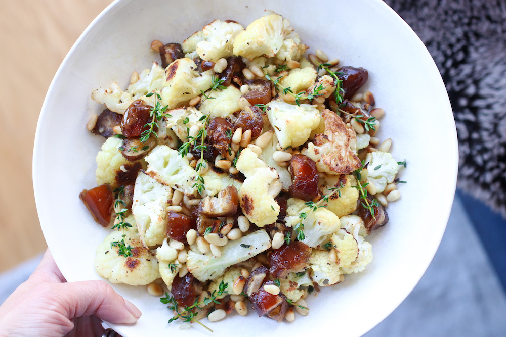 Roasted Cauliflower with Toasted Pine Nuts and Dates