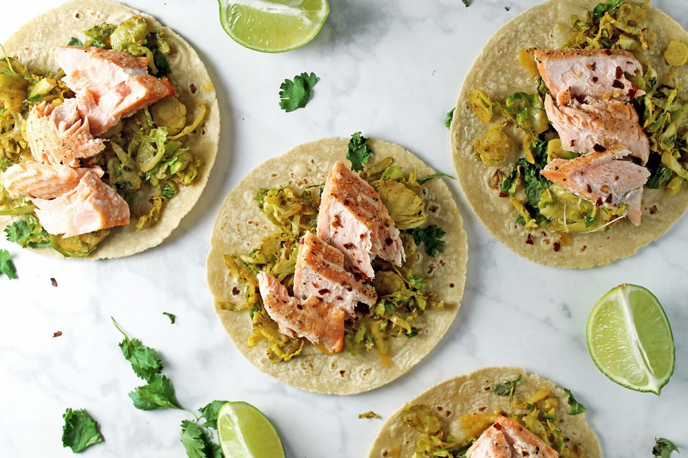 Salmon and Shredded Brussels Sprout Tacos - Spinach for Breakfast