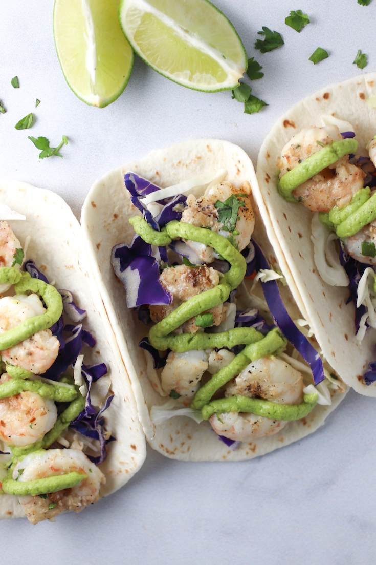 Healthy Shrimp Tacos with Avocado Creama